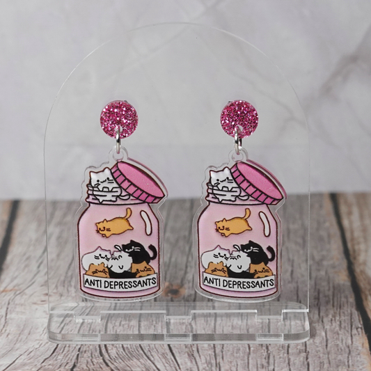 "Antidepressant" Cat Stud Dangle Earrings