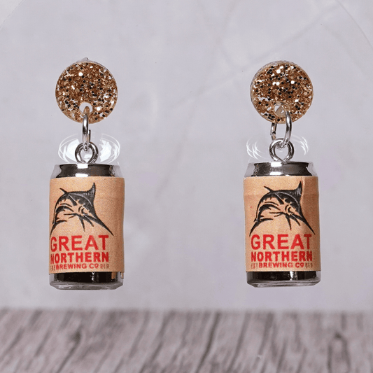 Mini beer can shaped dangle earrings with tan label design and glitter stud tops