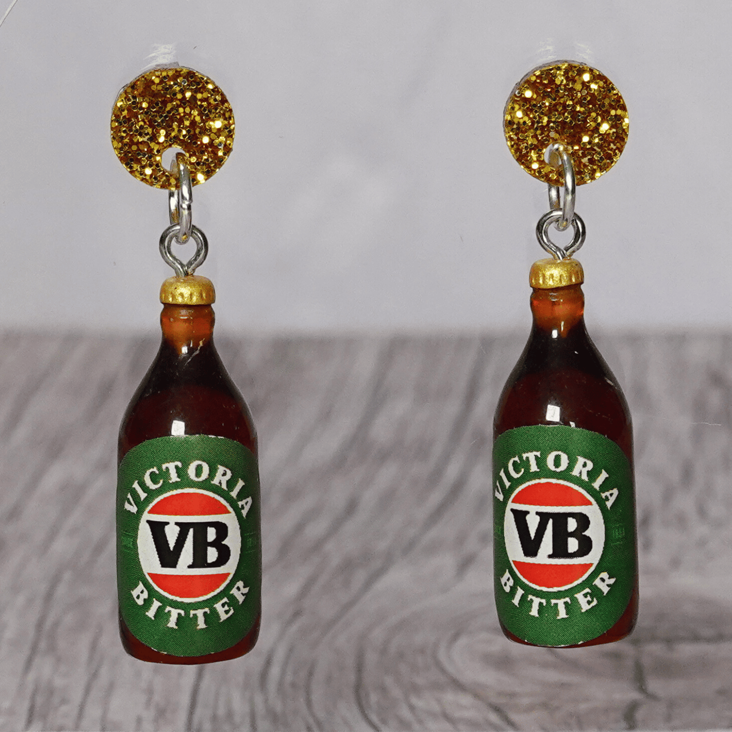 Mini VB-style beer bottle novelty dangle earrings