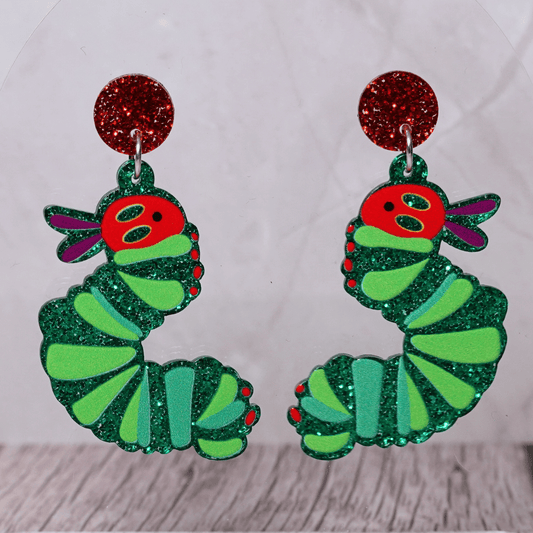 Glitter very hungry caterpillar dangle earrings with red and green details