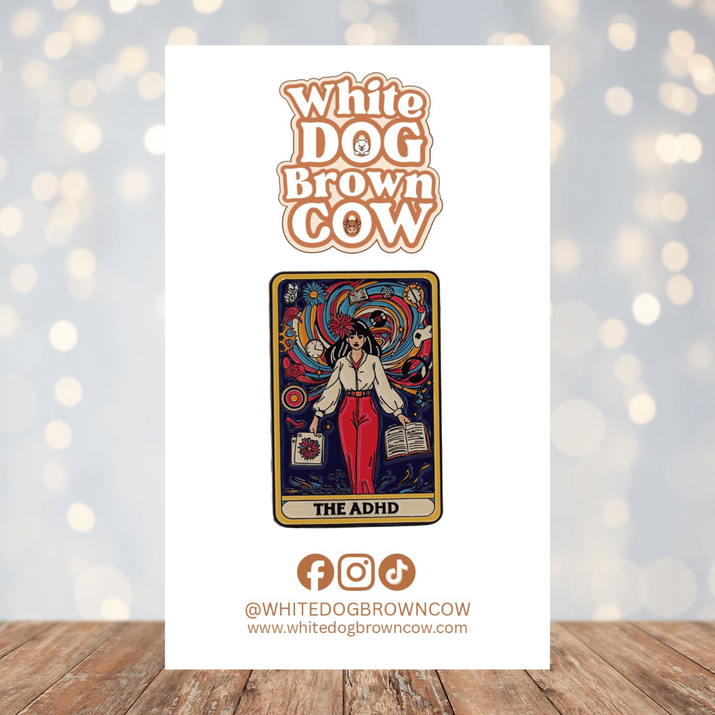 Funny ADHD tarot card enamel pin with colorful multitasking illustration for neurodivergent humor