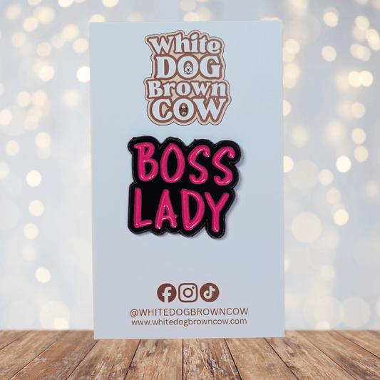 Funny boss lady enamel pin with pink lettering for confident women