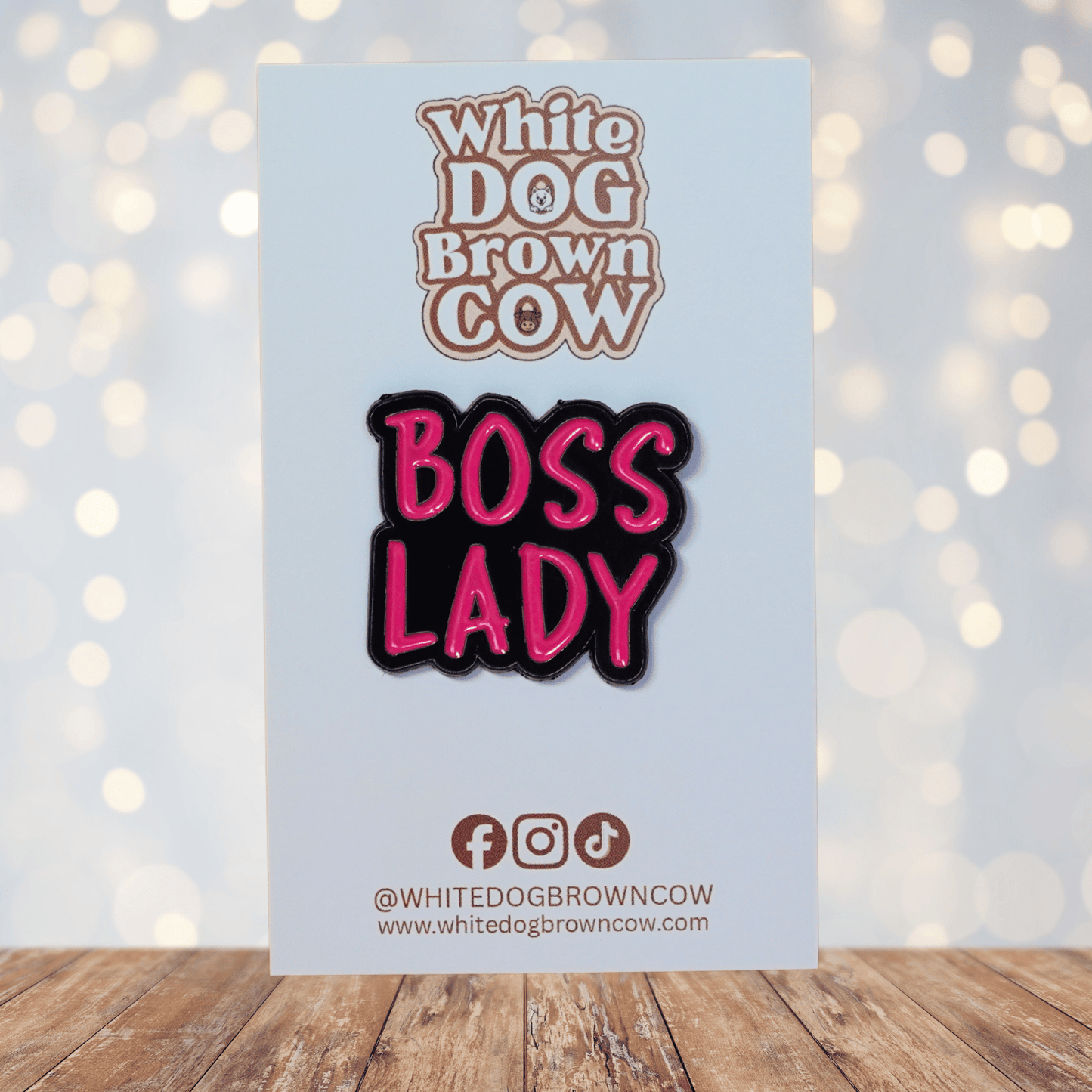Funny boss lady enamel pin with pink lettering for confident women