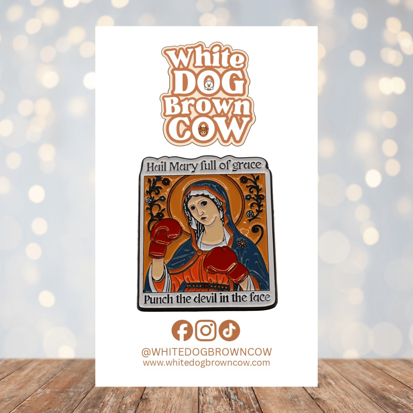 Funny sarcastic Hail Mary punch the devil in the face enamel pin with saint wearing boxing gloves