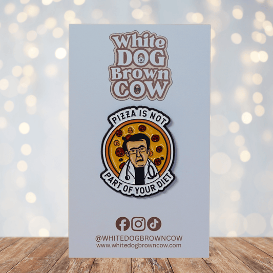 Funny sarcastic enamel pin with pizza and diet quote saying pizza is not part of your diet