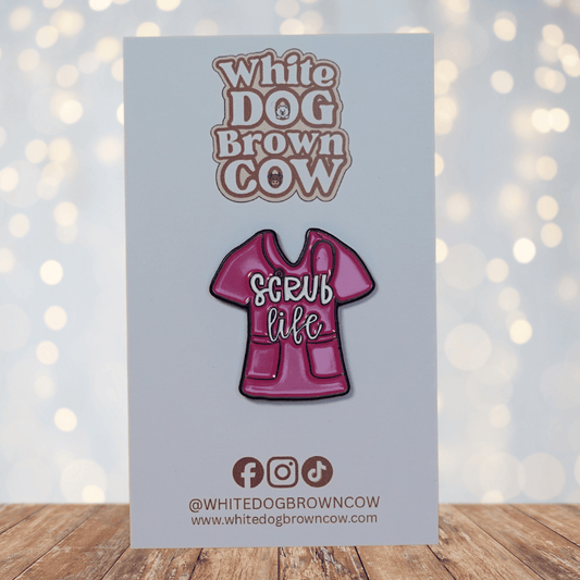 Funny “Scrub Life” enamel pin shaped like medical scrubs for nurses and healthcare workers