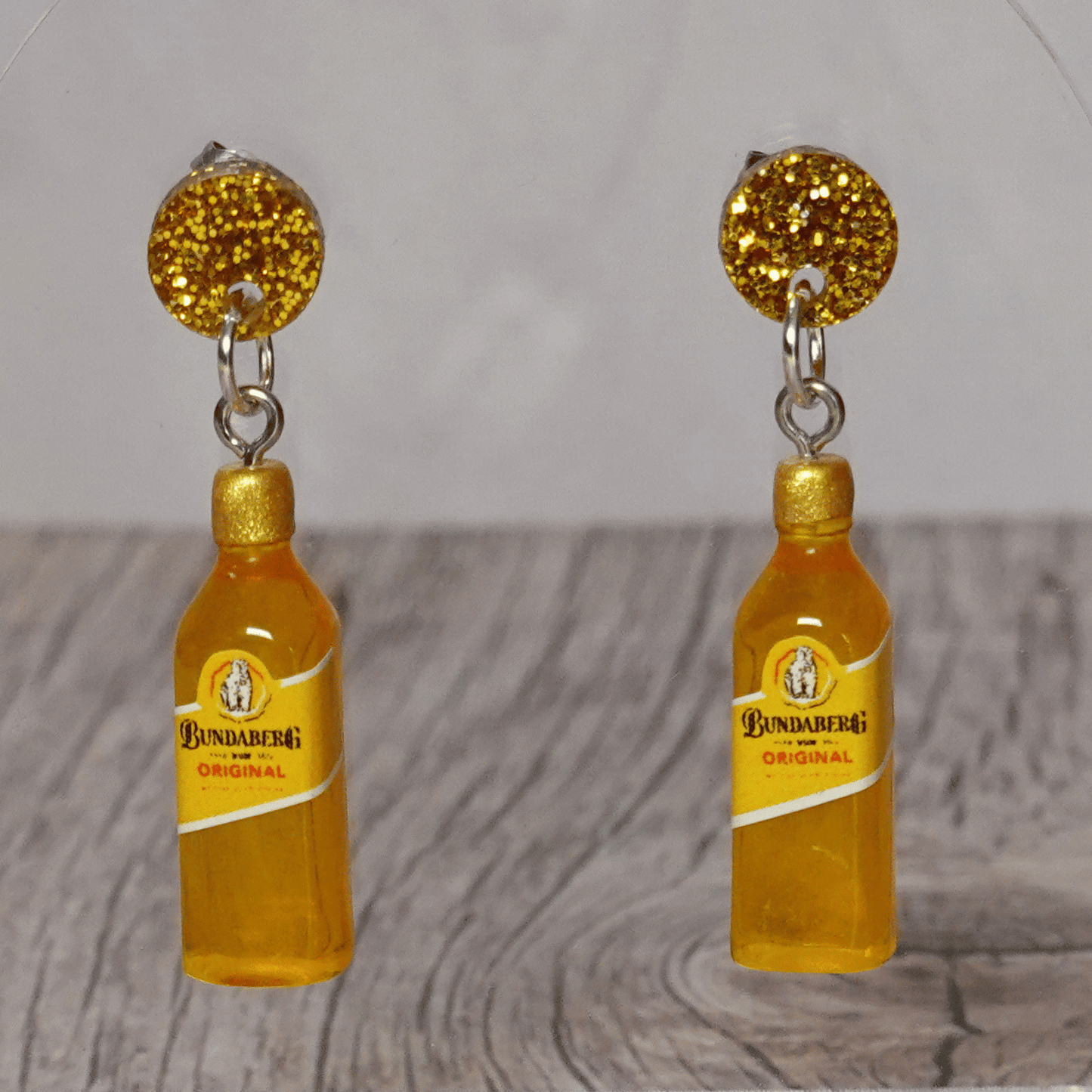 Mini Bundaberg Rum style drink bottle dangle earrings