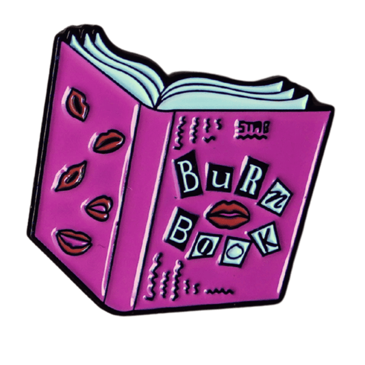 Funny pink “Burn Book” Mean Girls style enamel pin with lips and book design
