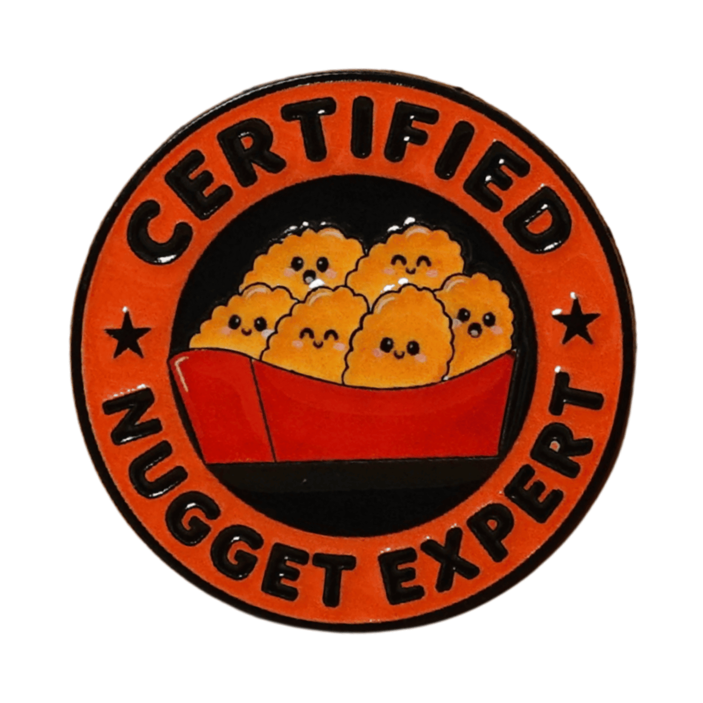 Funny Certified Nugget Expert enamel pin with cute smiling chicken nuggets in a red box, foodie lapel pin gift for nugget lovers.
