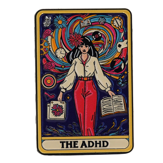 Funny ADHD tarot card enamel pin with colorful multitasking illustration for neurodivergent humor