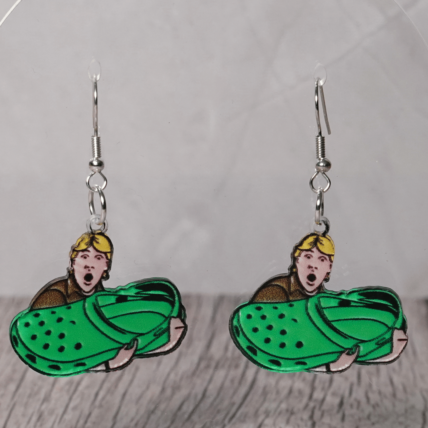 Novelty dangle earrings showing Steve Irwin holding an oversized green clog shoe