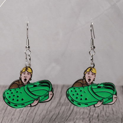 Novelty dangle earrings showing Steve Irwin holding an oversized green clog shoe