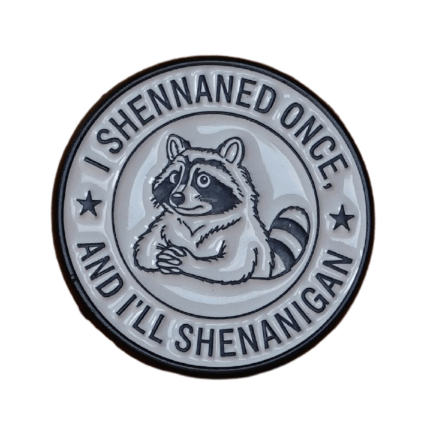 Funny sarcastic raccoon shenanigans enamel pin with humorous text