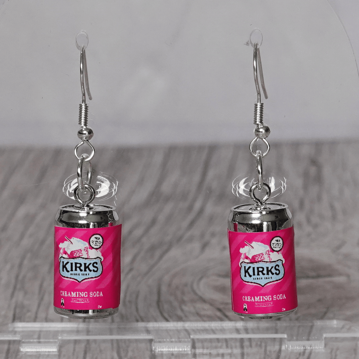 Mini Kirks Creaming Soda–style pink soft drink can novelty dangle earrings