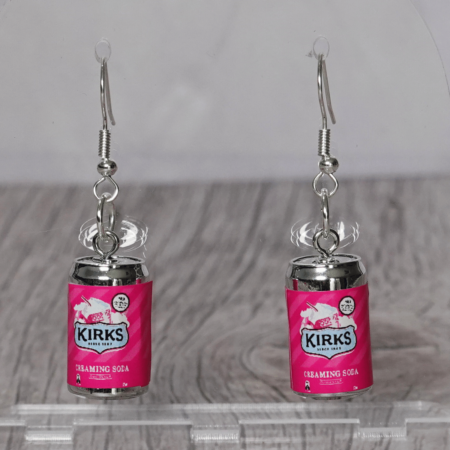 Mini Kirks Creaming Soda–style pink soft drink can novelty dangle earrings