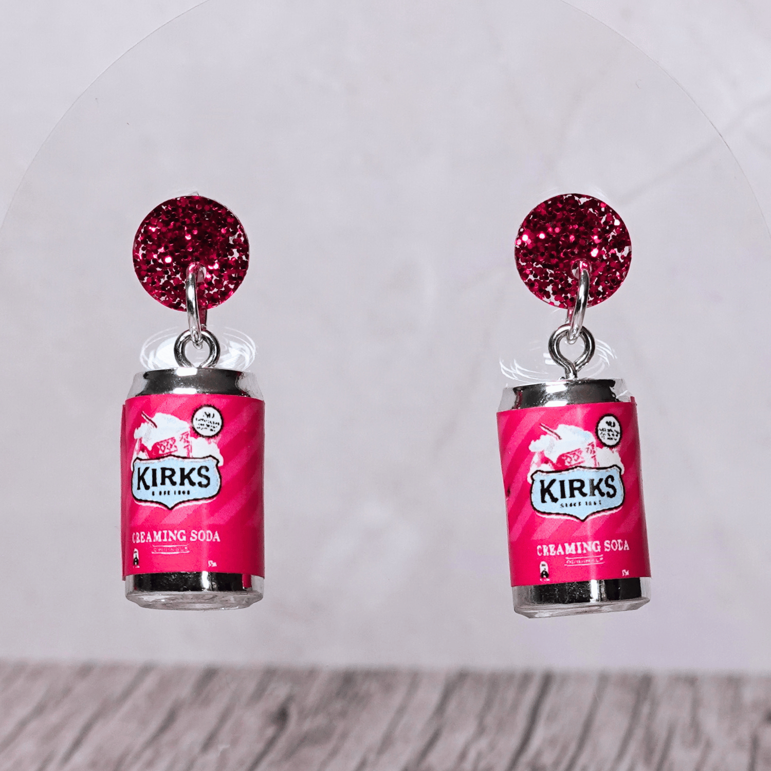 Mini Kirks Creaming Soda–style pink soft drink can novelty dangle earrings