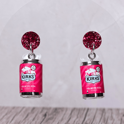Mini Kirks Creaming Soda–style pink soft drink can novelty dangle earrings