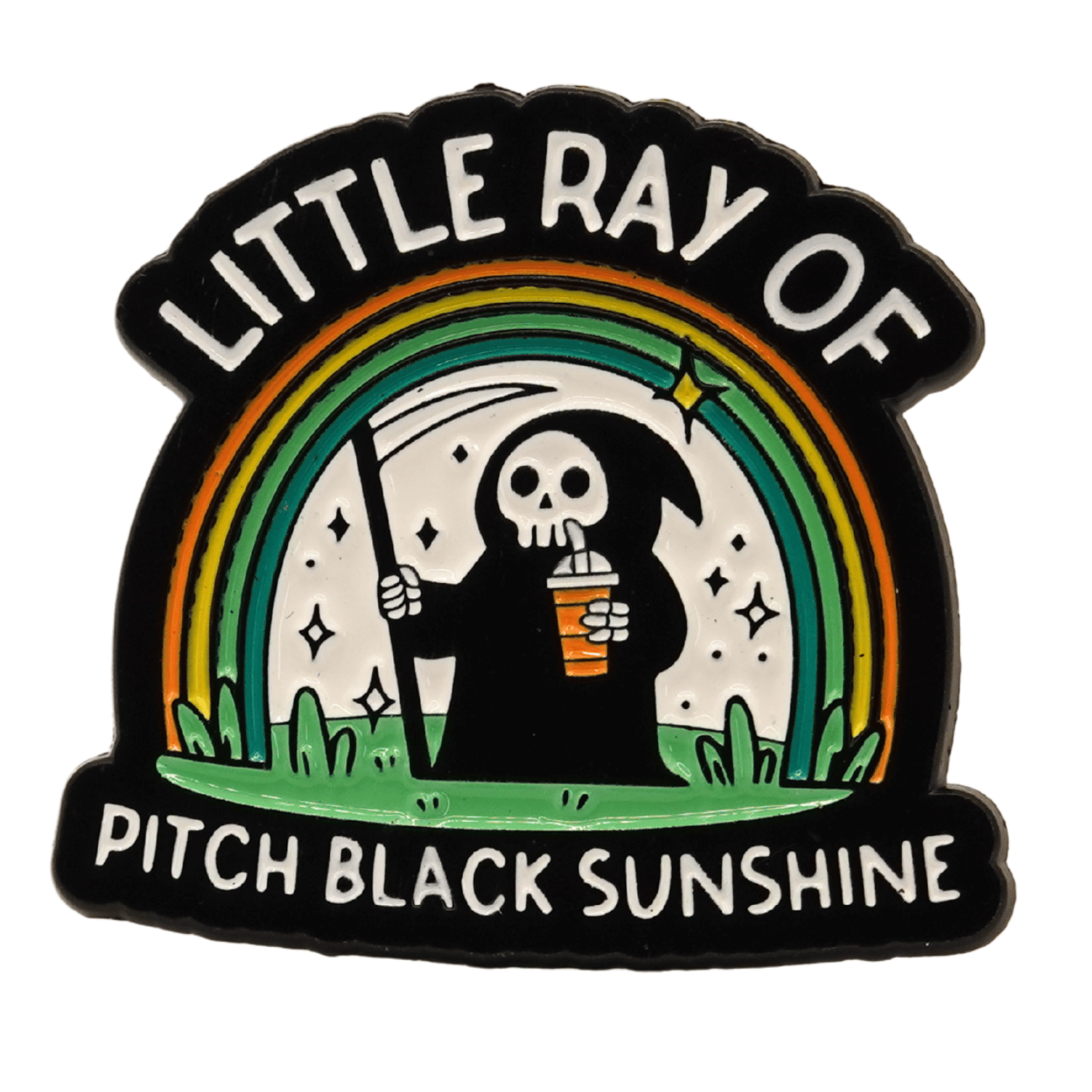 Funny grim reaper enamel pin under rainbow holding iced coffee with sarcastic pitch black sunshine quote