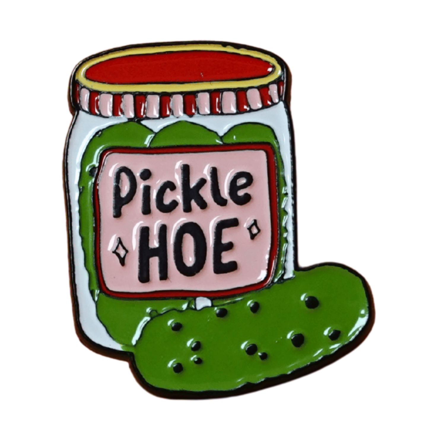 Cute enamel pin of a pickle jar labeled “Pickle Hoe” with green pickle illustration, funny food pun lapel pin.
