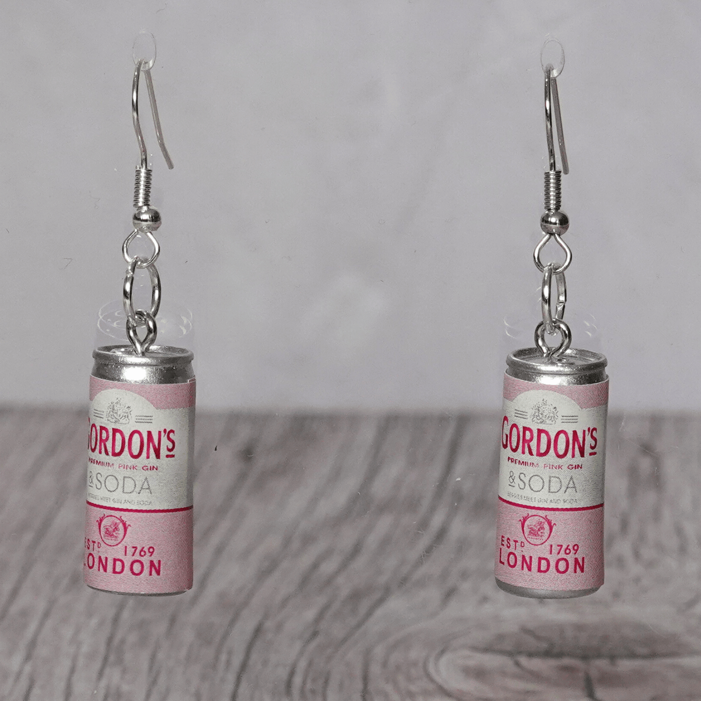 Mini pink gin and soda–style can novelty dangle earrings