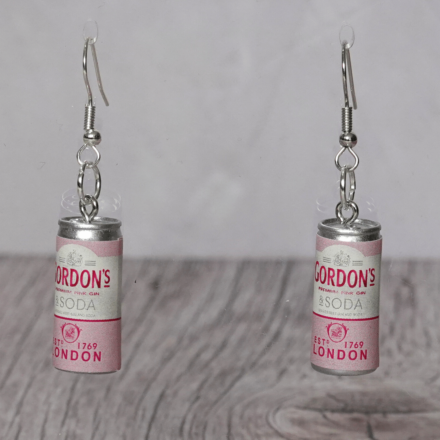 Mini pink gin and soda–style can novelty dangle earrings