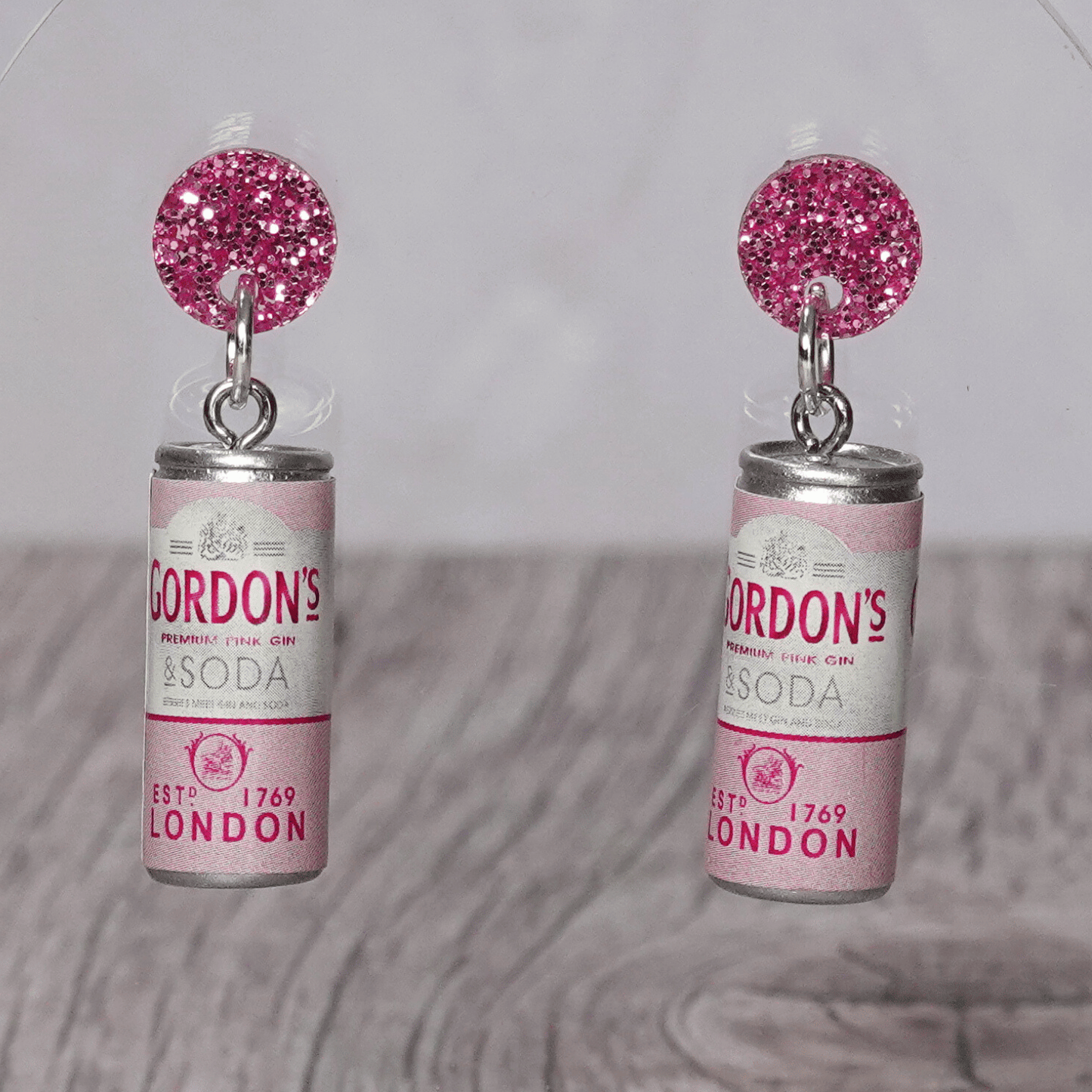 Mini pink gin and soda–style can novelty dangle earrings
