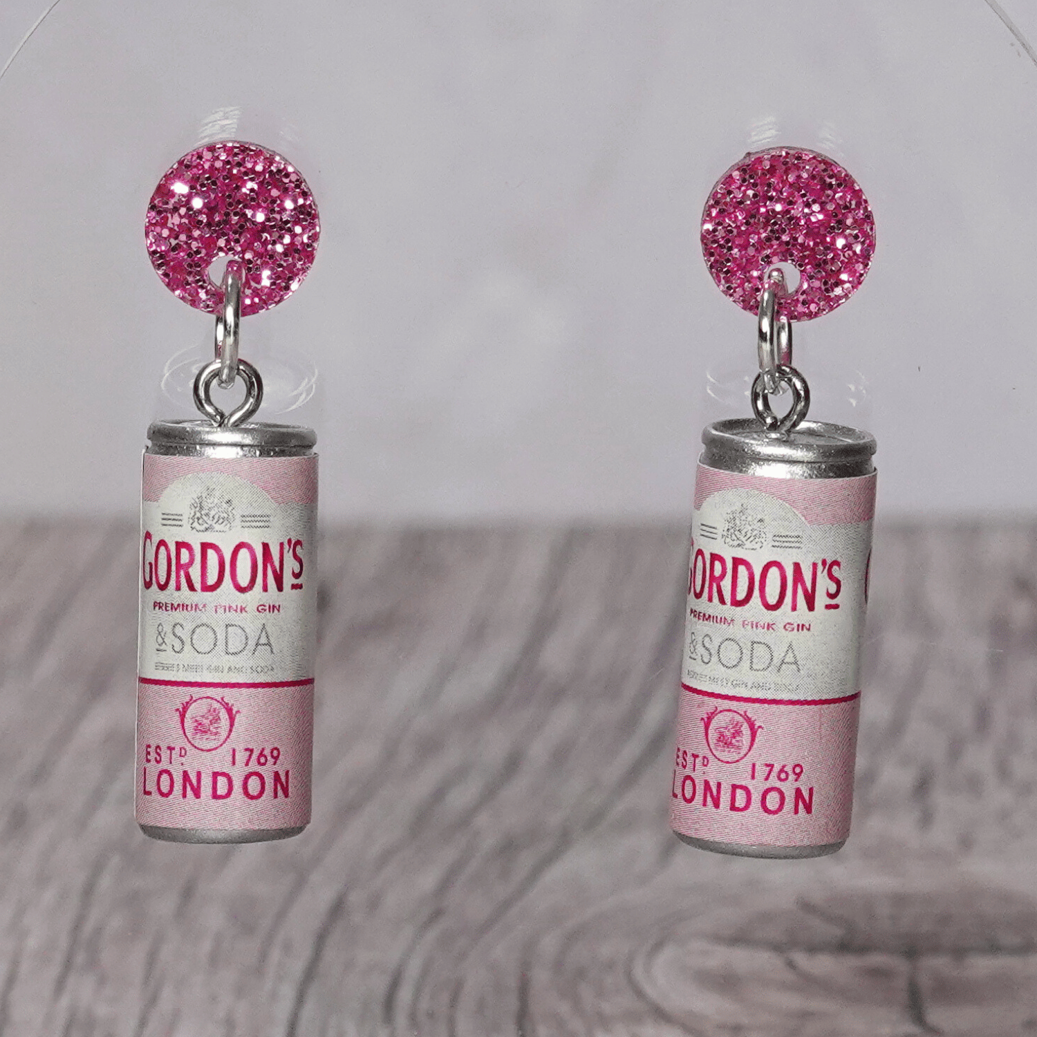 Mini pink gin and soda–style can novelty dangle earrings