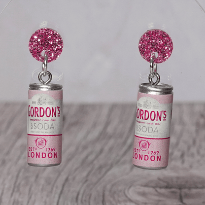 Mini pink gin and soda–style can novelty dangle earrings