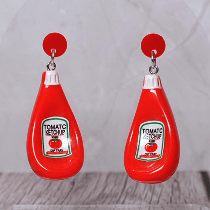 Red tomato ketchup bottle shaped dangle earrings with white cap and red stud tops