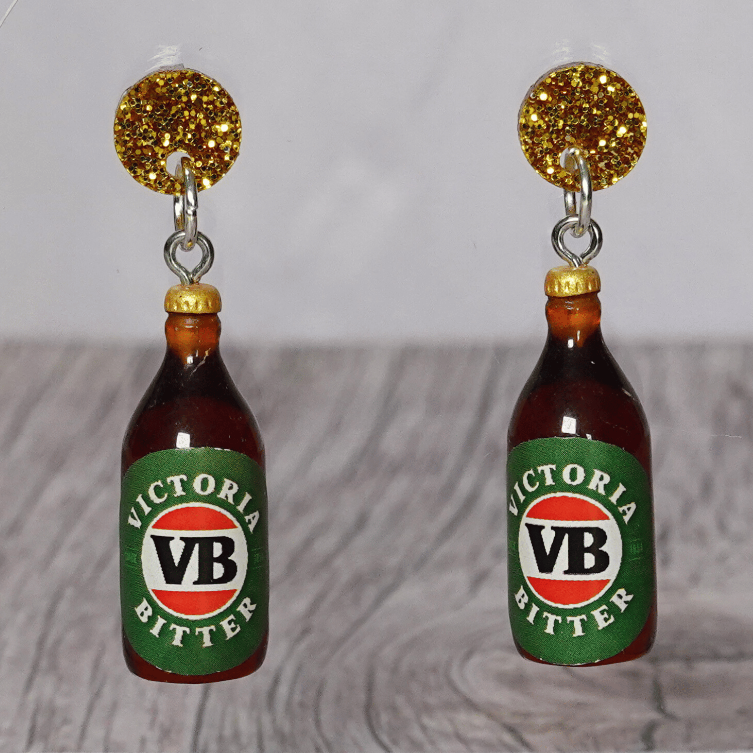 Mini VB-style beer bottle novelty dangle earrings