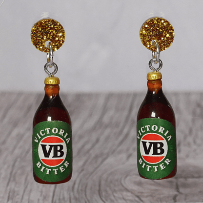 Mini VB-style beer bottle novelty dangle earrings