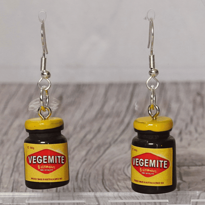 Mini Vegemite jar novelty dangle earrings with silver hooks, inspired by the classic Australian spread.