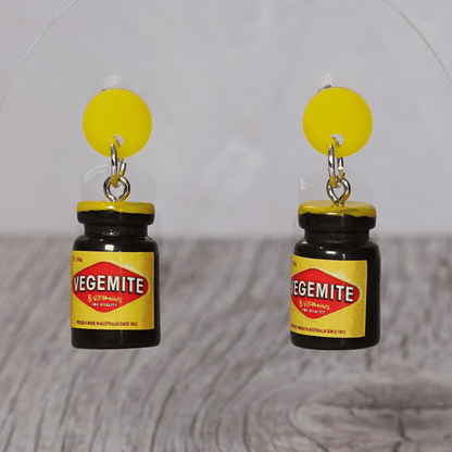 Mini Vegemite jar novelty dangle earrings with silver hooks, inspired by the classic Australian spread.