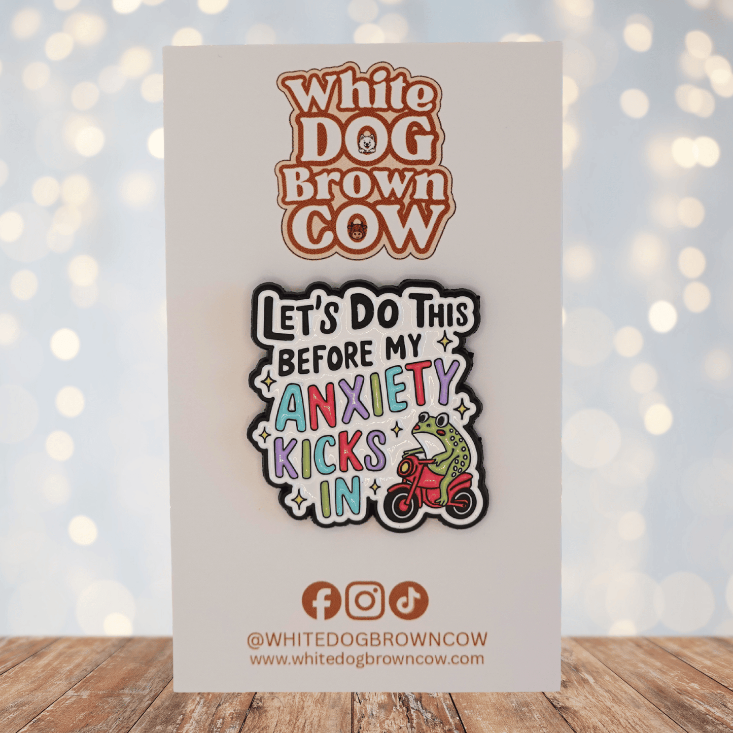 Funny colorful enamel pin with frog on scooter saying “let’s do this before my anxiety kicks in,” humorous mental health novelty pin