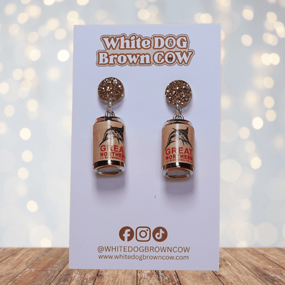 Mini beer can shaped dangle earrings with tan label design and glitter stud tops