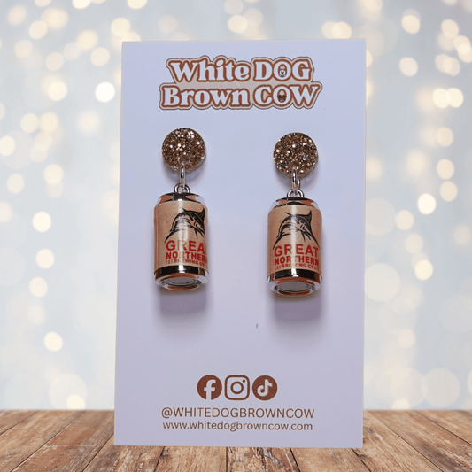 Mini beer can shaped dangle earrings with tan label design and glitter stud tops