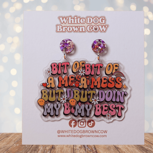 Colorful novelty dangle earrings with text “bit of a mess but doin’ my best”