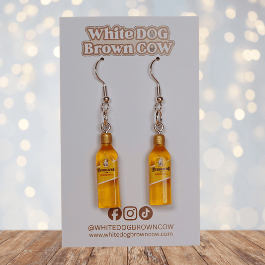 Mini Bundaberg style drink bottle dangle earrings with silver hooks