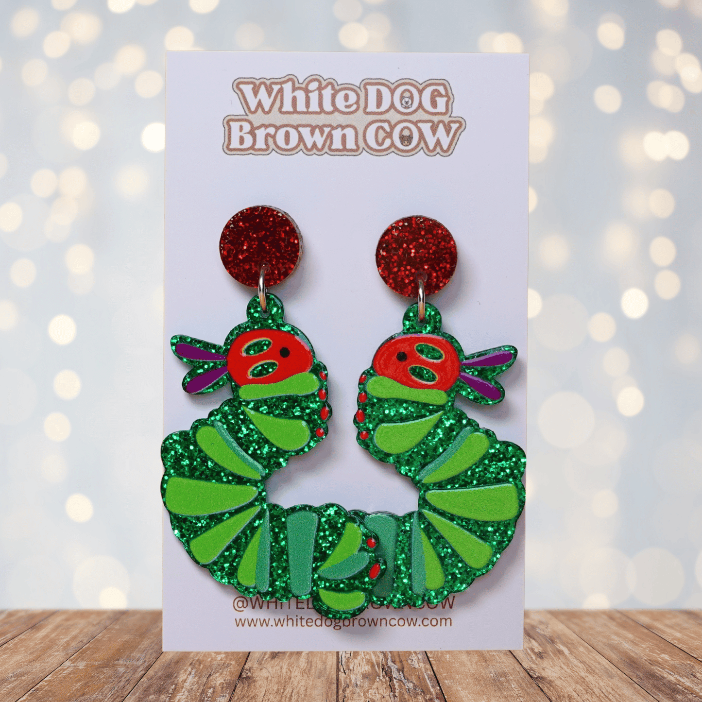 Glitter very hungry caterpillar bug dangle earrings