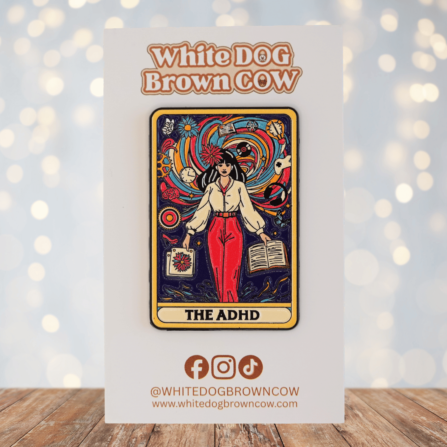 Funny ADHD tarot card enamel pin with colorful multitasking illustration for neurodivergent humor