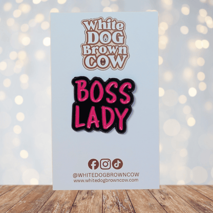 Funny boss lady enamel pin with pink lettering for confident women