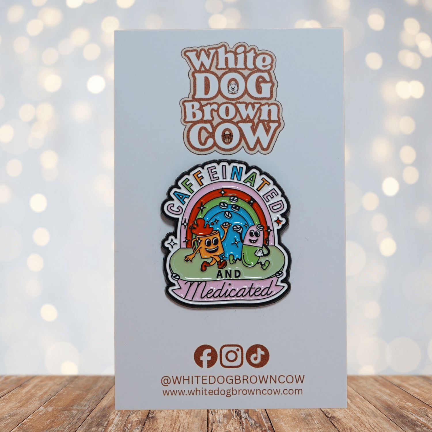 Funny sarcastic caffeinated and medicated enamel pin with coffee and pill characters