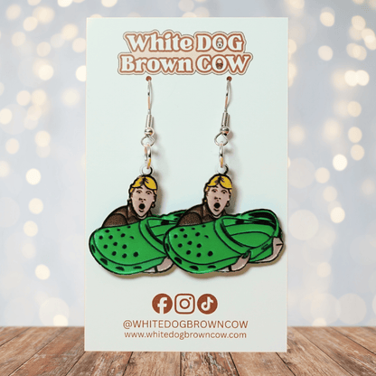 Novelty dangle earrings showing Steve Irwin holding an oversized green clog shoe