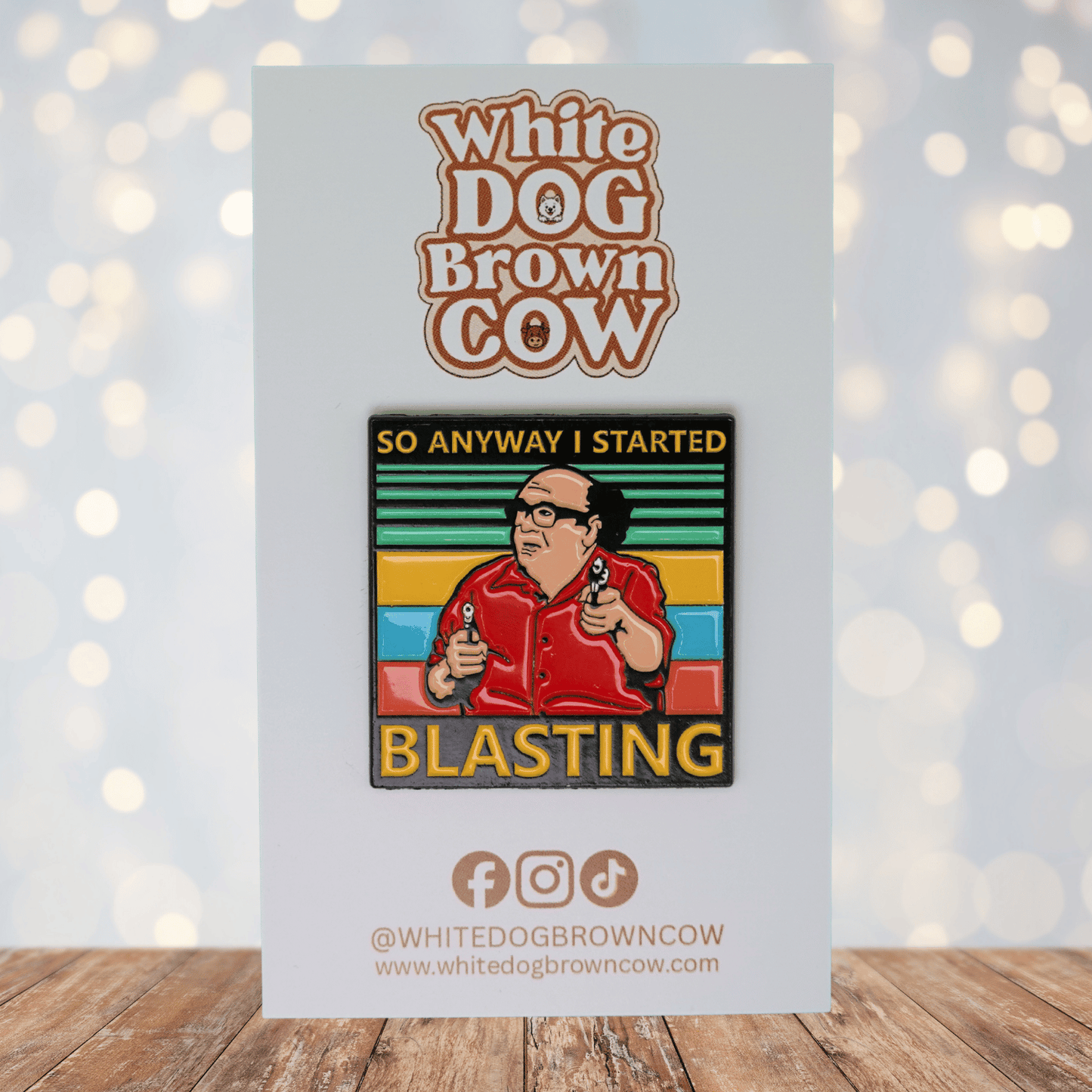 Funny enamel pin featuring It's Always Sunny Frank Reynolds “So anyway I started blasting,” meme 
