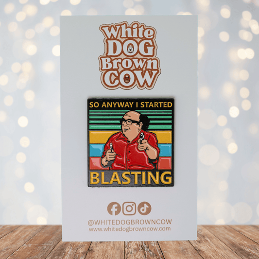 Funny enamel pin featuring It's Always Sunny Frank Reynolds “So anyway I started blasting,” meme 