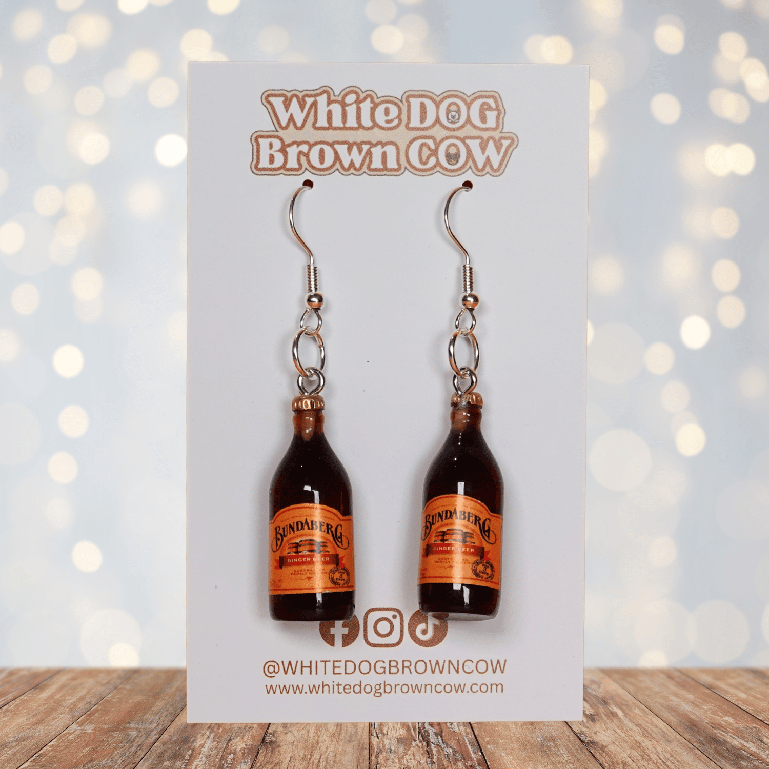 white-dog-brown-cow-ginger-beer-bottle-dangle-earrings-drink-jewelry-studs