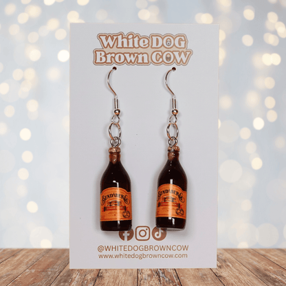 white-dog-brown-cow-ginger-beer-bottle-dangle-earrings-drink-jewelry-studs