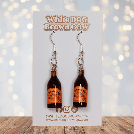 white-dog-brown-cow-ginger-beer-bottle-dangle-earrings-drink-jewelry-studs