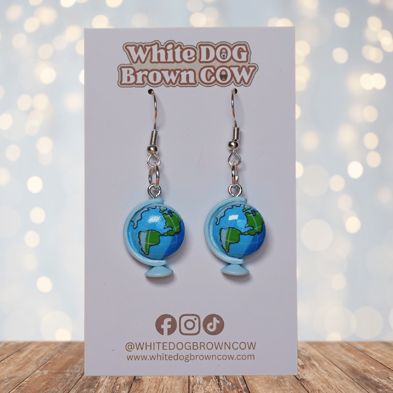 Blue world globe dangle earrings with map design