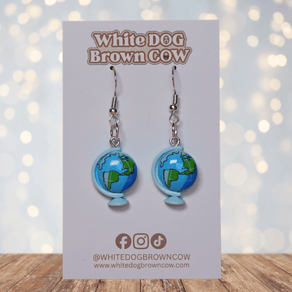 Blue world globe dangle earrings with map design